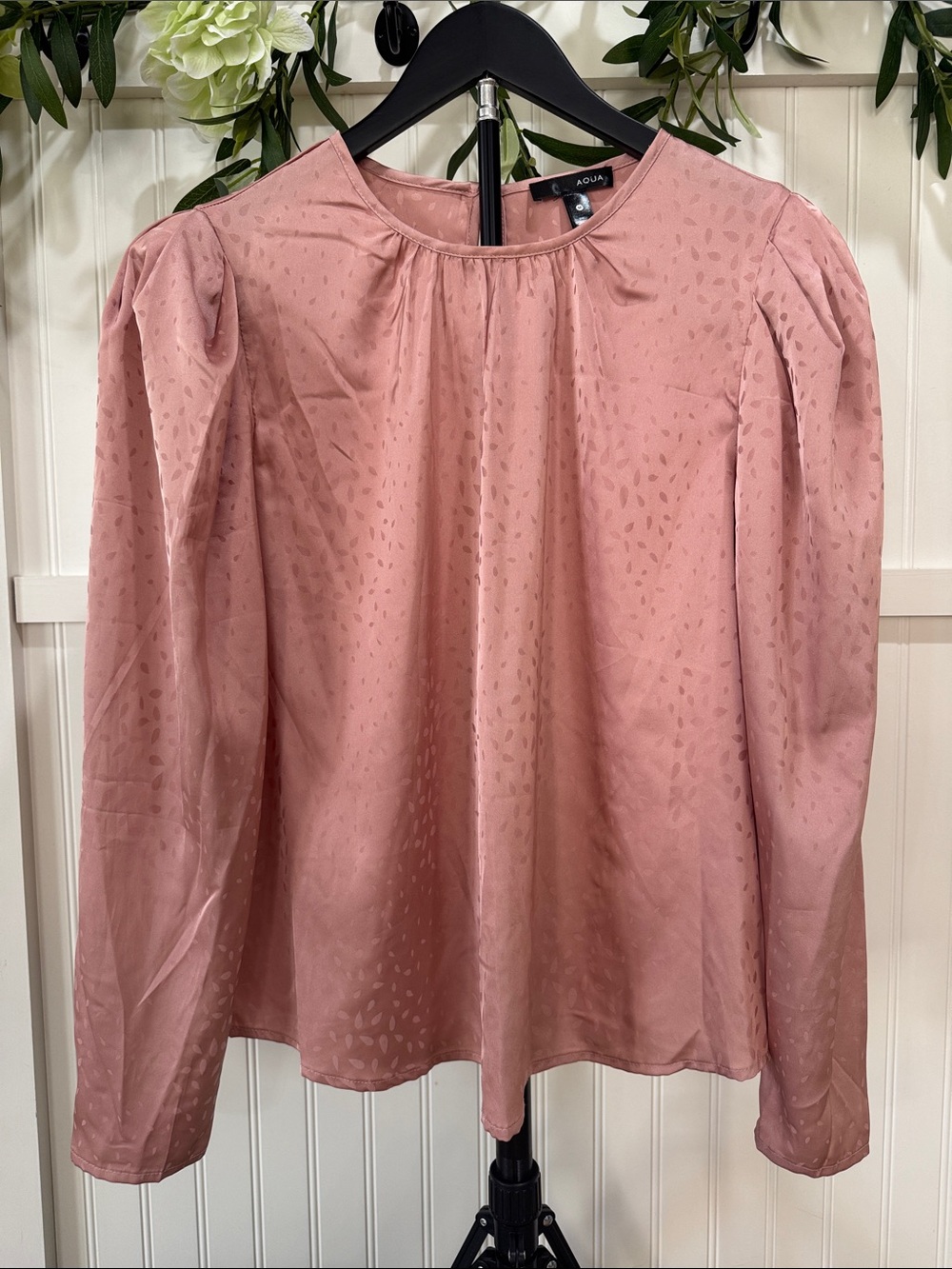 #301 AQUA Dusty Rose Satin Jacquard Long Puff Sleeve Blouse NWT Med
